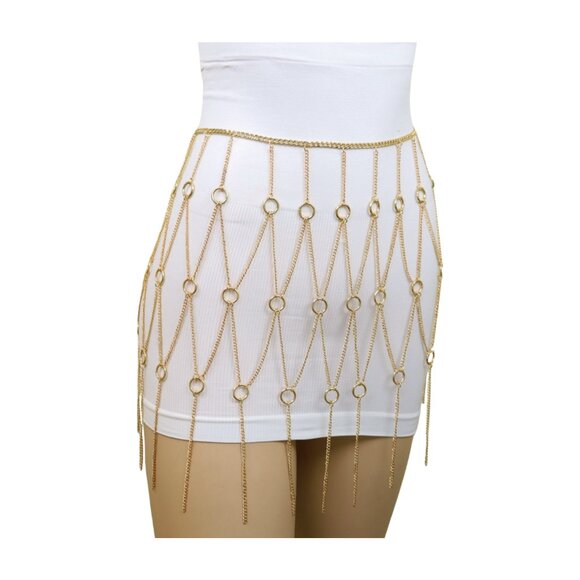 Women Gold Metal Chain Circle Rings Skirt Long Tassel Belt Cover Up Waist S M main image 7